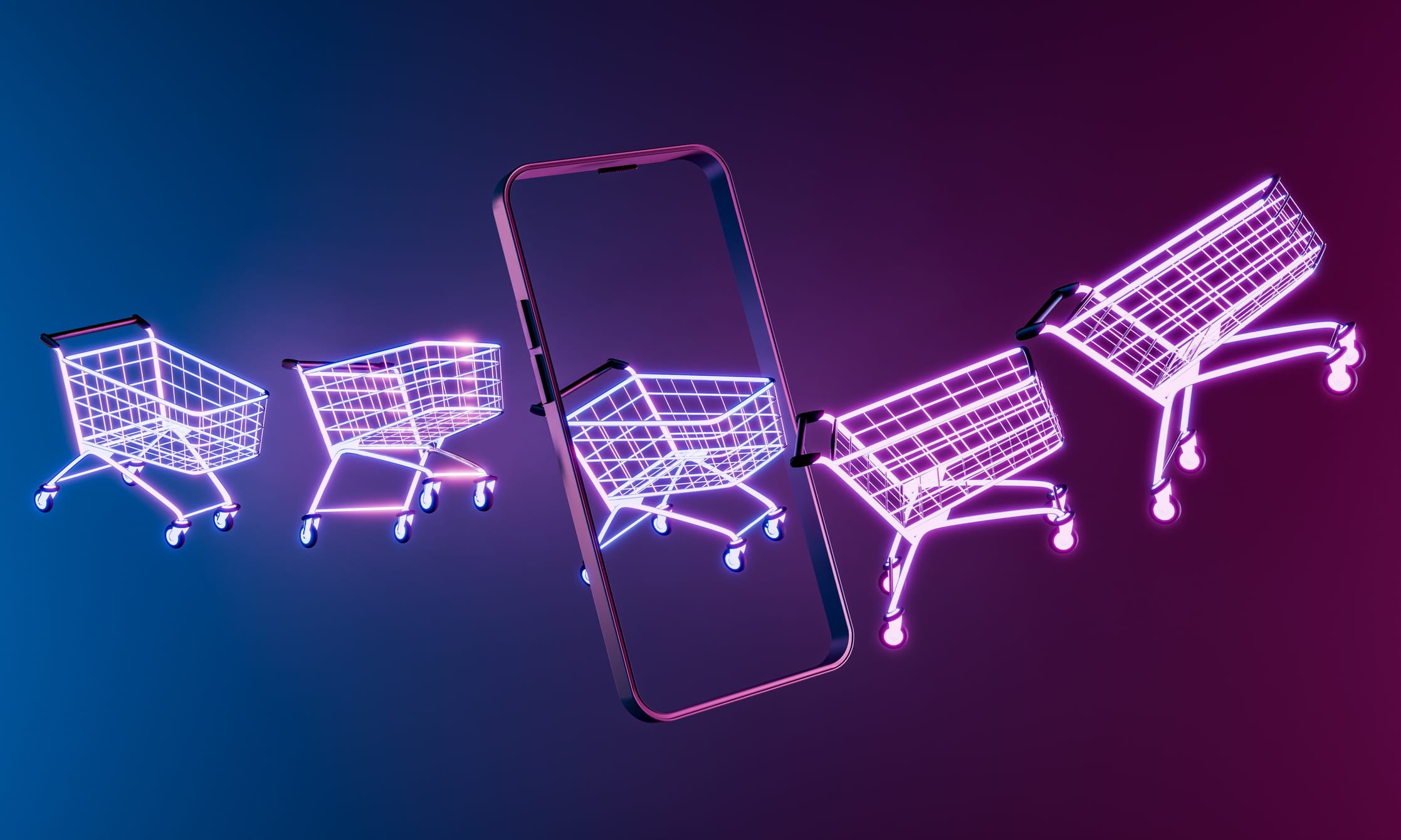 Einkaufswagen mit neonfarbenem Umriss verlassen einen Smartphone-Bildschirm und symbolisieren E-Commerce- und Online-Shopping-Trends. 3D-Rendering.